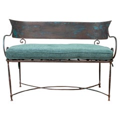 Early 20th Century Hand Wrought Iron French Garden Settee with Chenille Cushion