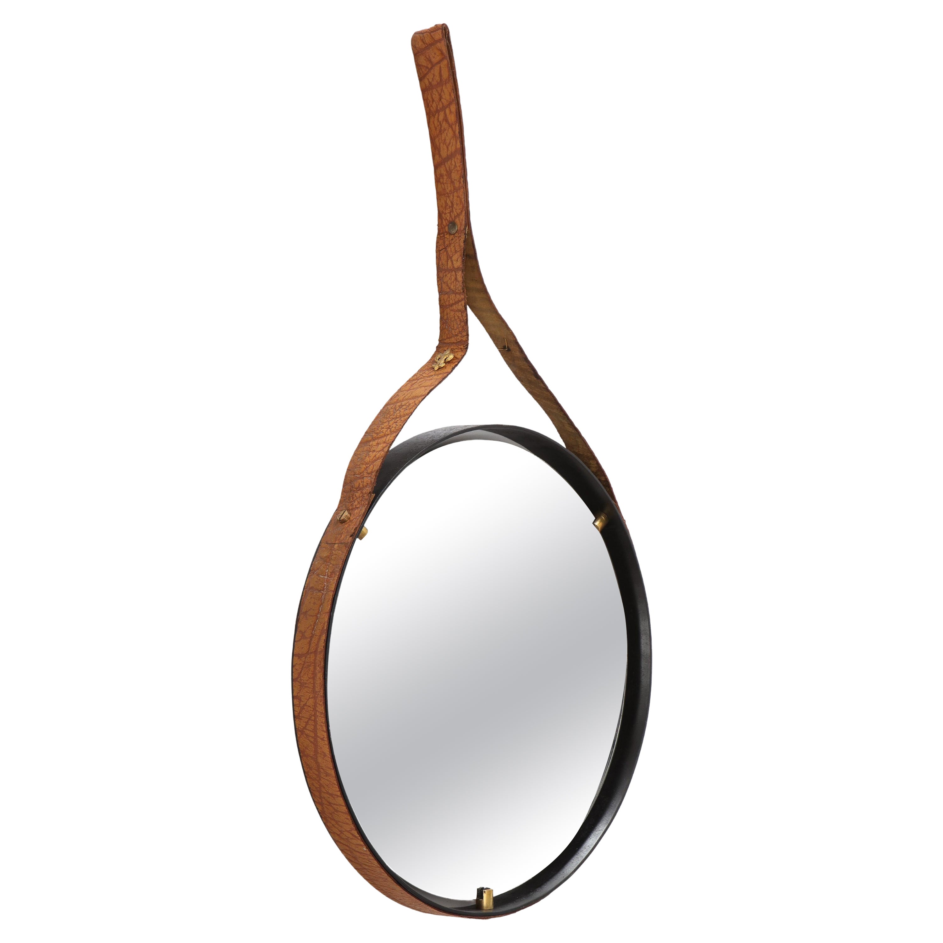 Italian 1960's Circular Floating Mirror with Leather Strap For Sale