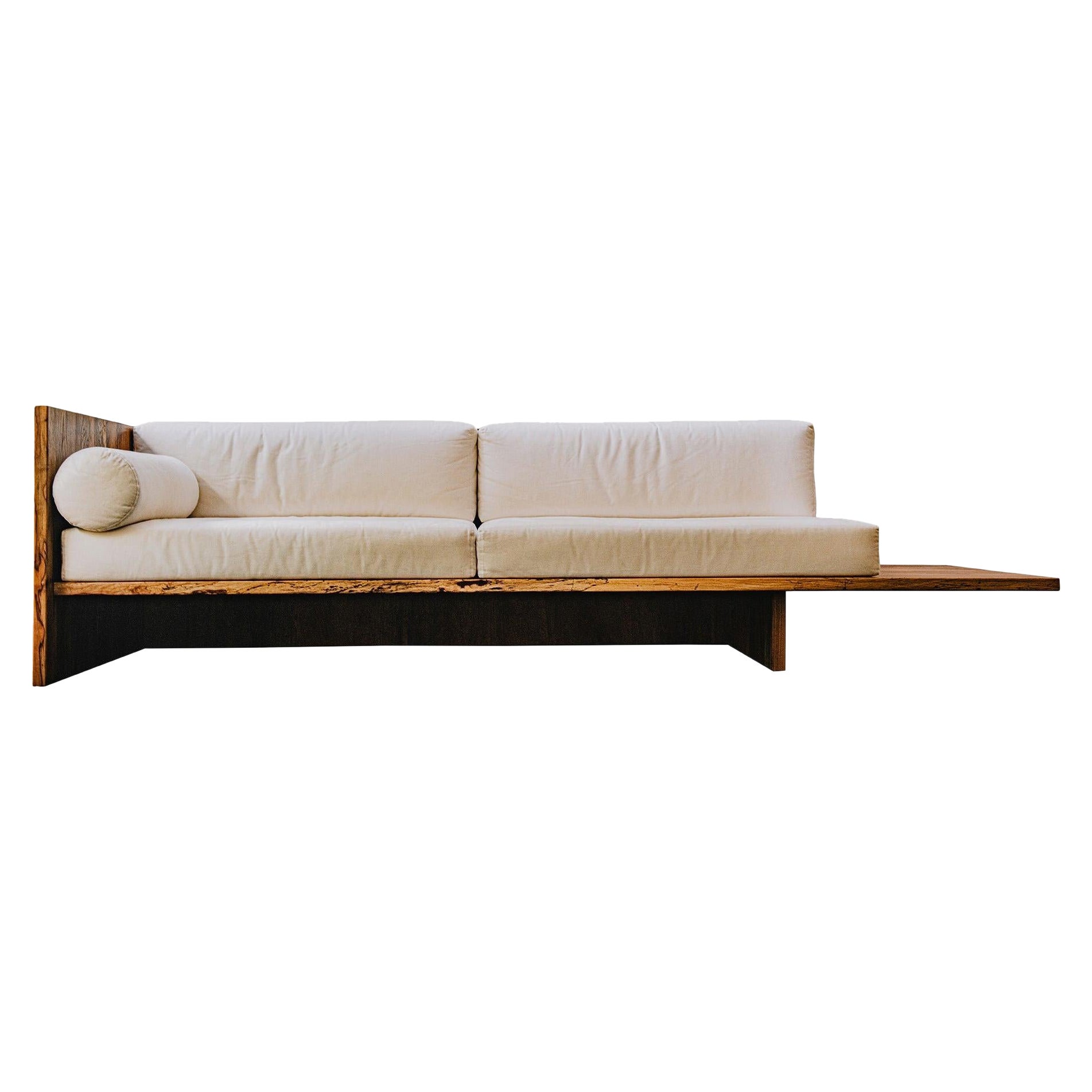 Humphreys Sofa, Solid American Pecan Slab Frame with Extended Shelf For Sale