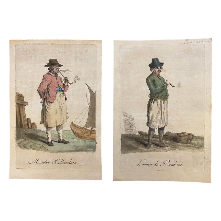 Pair French 18th Century Hand Colored Engravings of Pipe Smokers For Sale