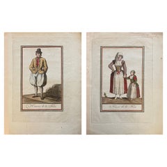 Pair of 18th French Hand Colored Engravings of a Frisian Man, Woman and Child