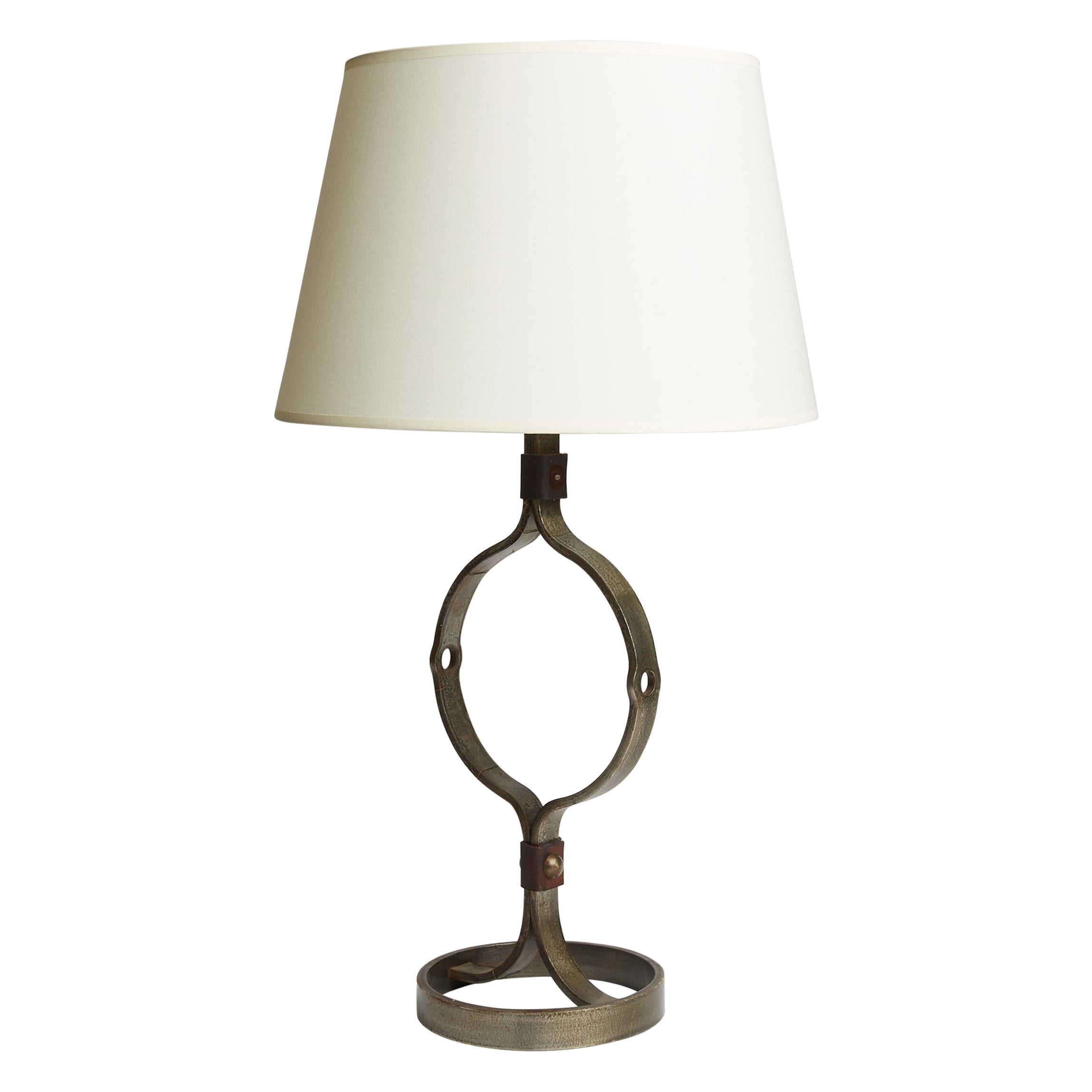 Mid-Century Iron and Leather Table Lamp by Jean-Pierre Ryckaert