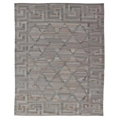 Modern Hand-Woven Kilim with Geometric Design and Greek Key Border in Wool