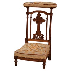 Mid-19th Century French Oak Prayer Bench with Needlepoint and Carved Cross