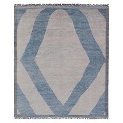 Modern Hand-Knotted Rug in Wool with Modern Design in Blue and Cream