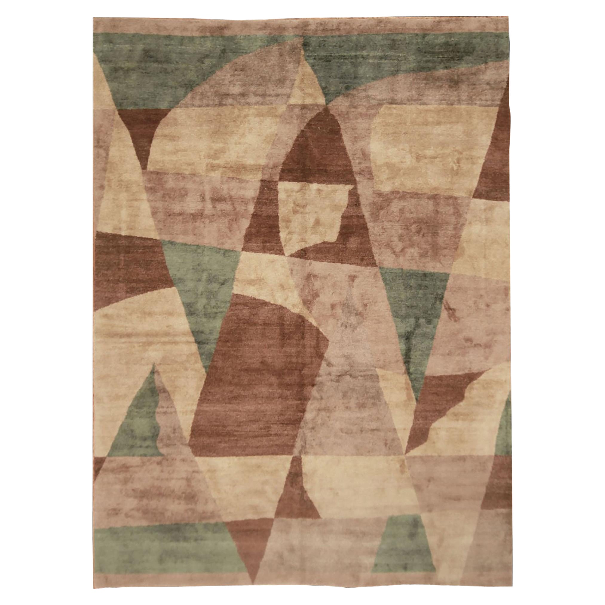 Rug & Kilim's Custom Geometric Beige-Brown and Blue Wool and Silk Rug For Sale