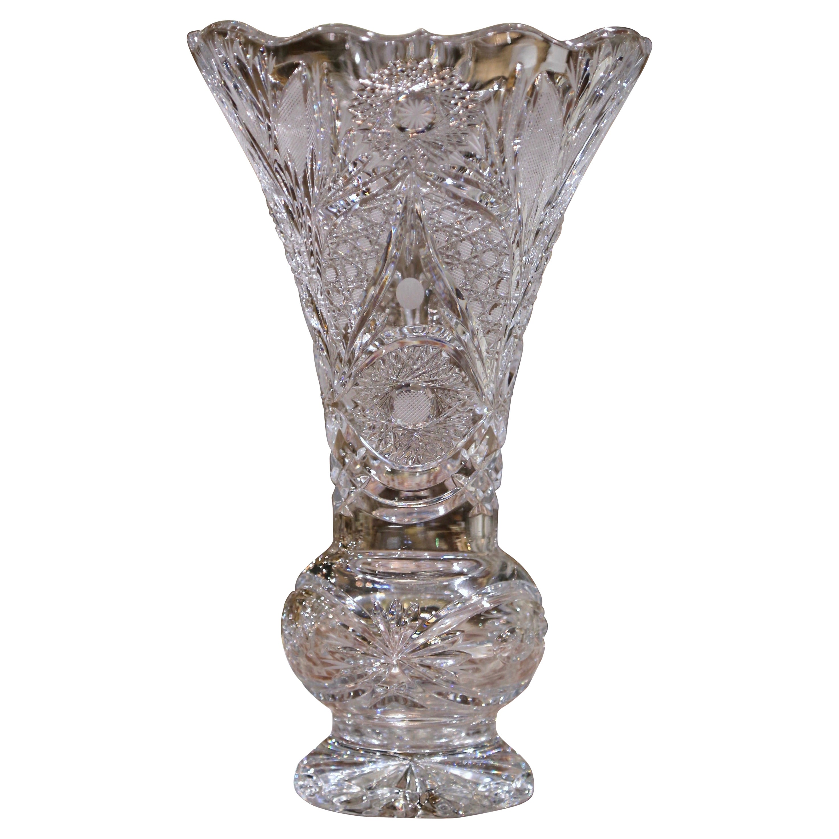Mid-Century Clear Cut Crystal Trumpet Vase with Geometric and Vine Motifs