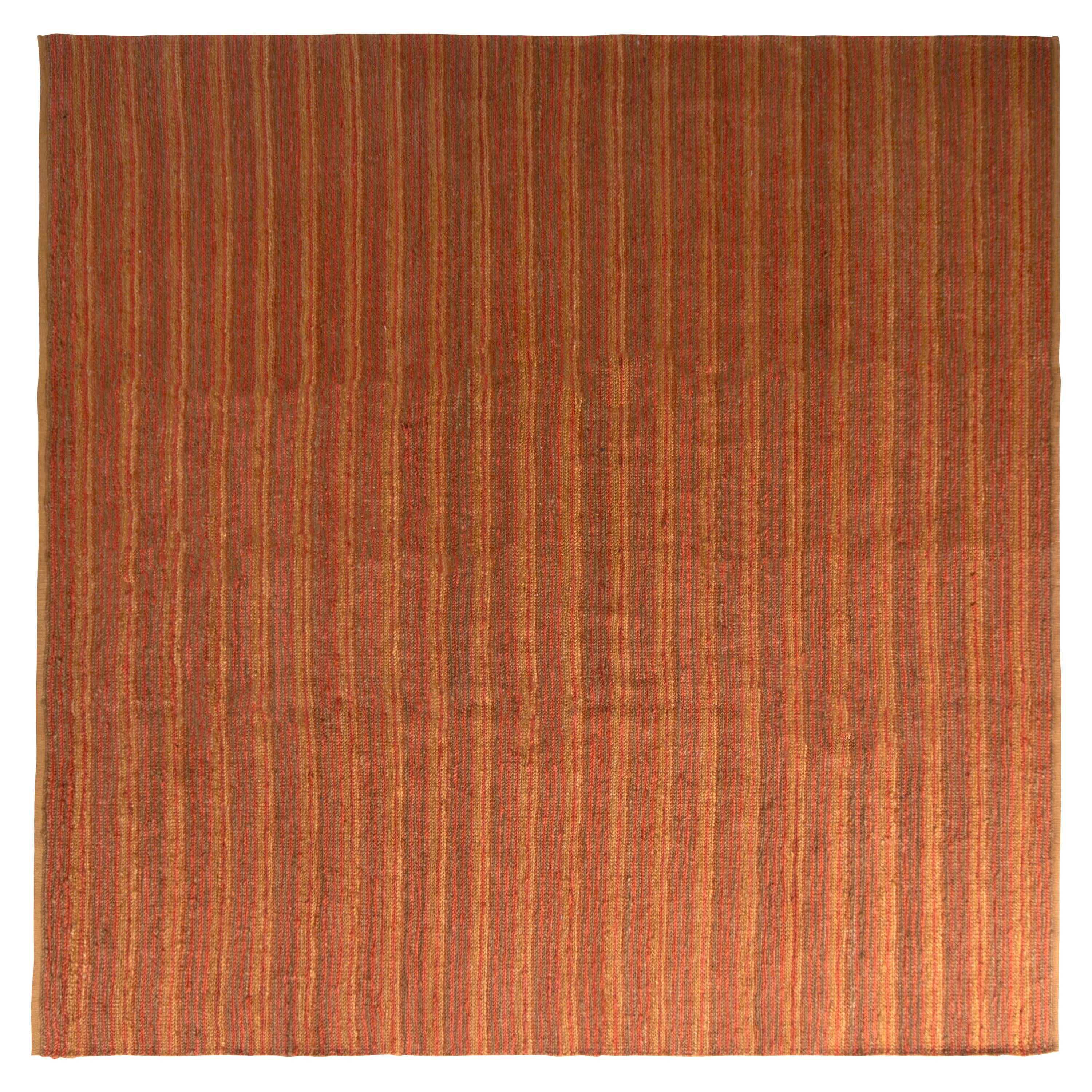 Rug & Kilim's Contemporary Flat-Weave Striped Orange Brown Square For Sale