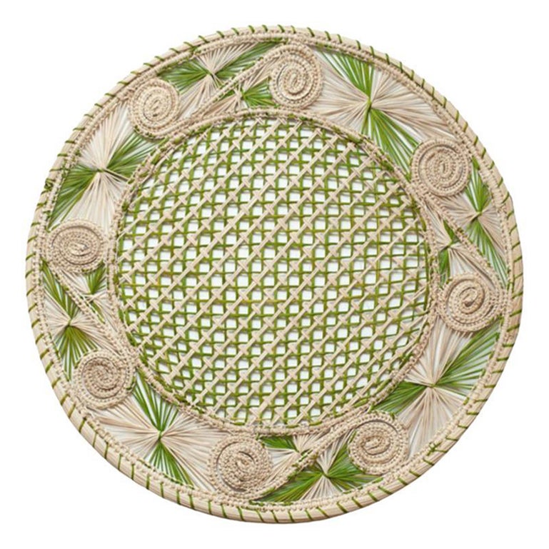 Contemporary Set of 6 Handwoven Natural and Green Rattan Placemats