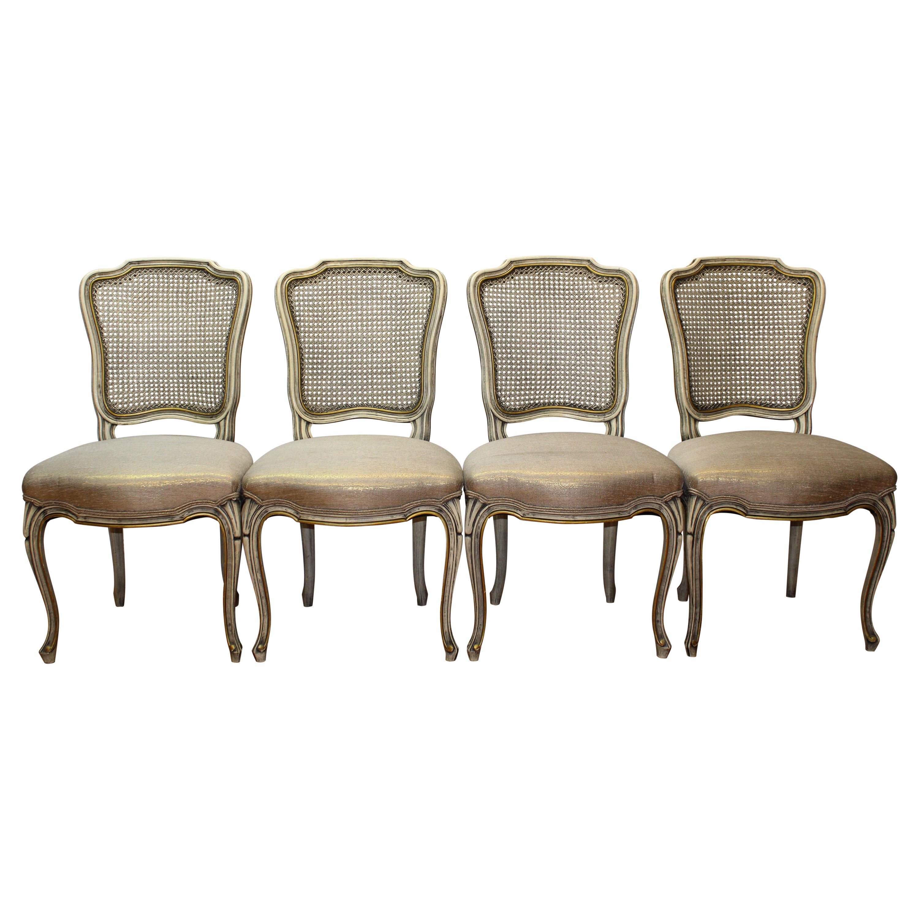 French Carved Side Chairs w/ Caned Backs & Upholstered Seats For Sale