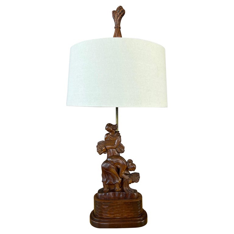 Monumental 1940s Carved Mahogany Heifetz Table Lamp of Women Harvesting Wheat For Sale