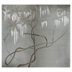 Wisteria Wallpaper Hand Painted Wallpaper on Gray Silk- Accept Custom Size