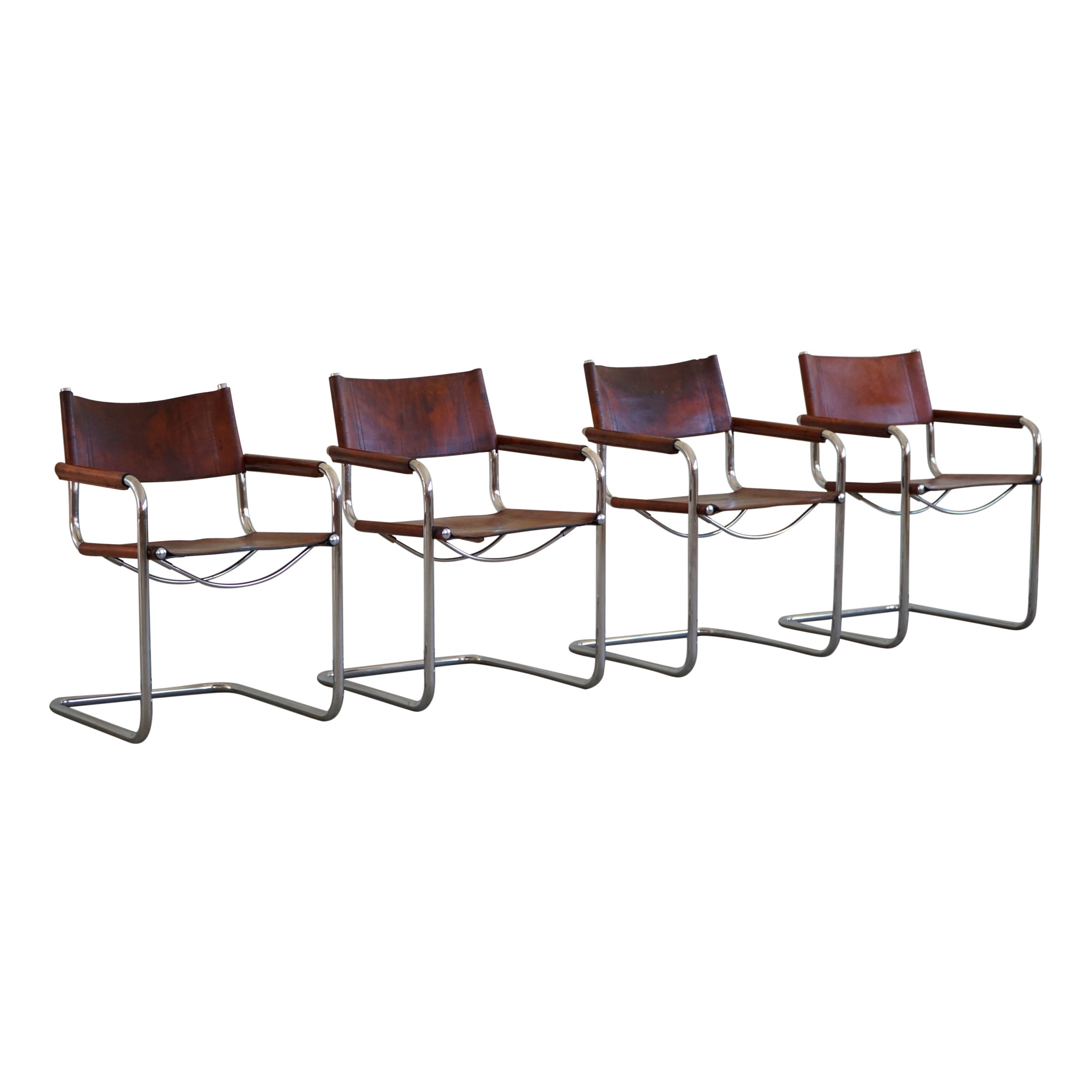 Set of 4 Vintage Cantilever Armchairs in Cognac Leather by Linea Veam, Italy 70s