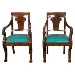 Antique Pair of English Regency 1840s Mahogany Chairs with Ionic Capitals and Griffons