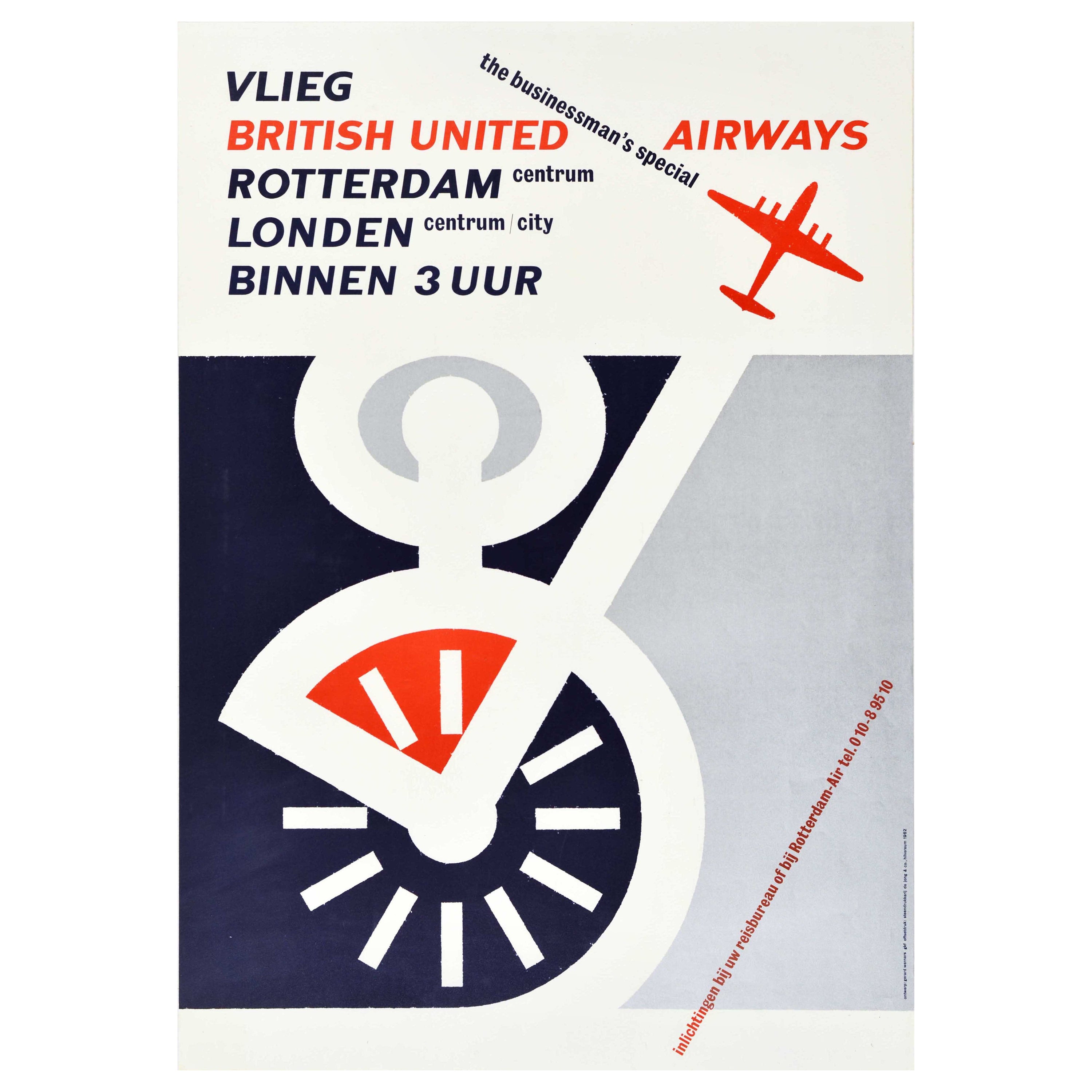 Original Vintage Poster British United Airways Rotterdam London Business Travel For Sale