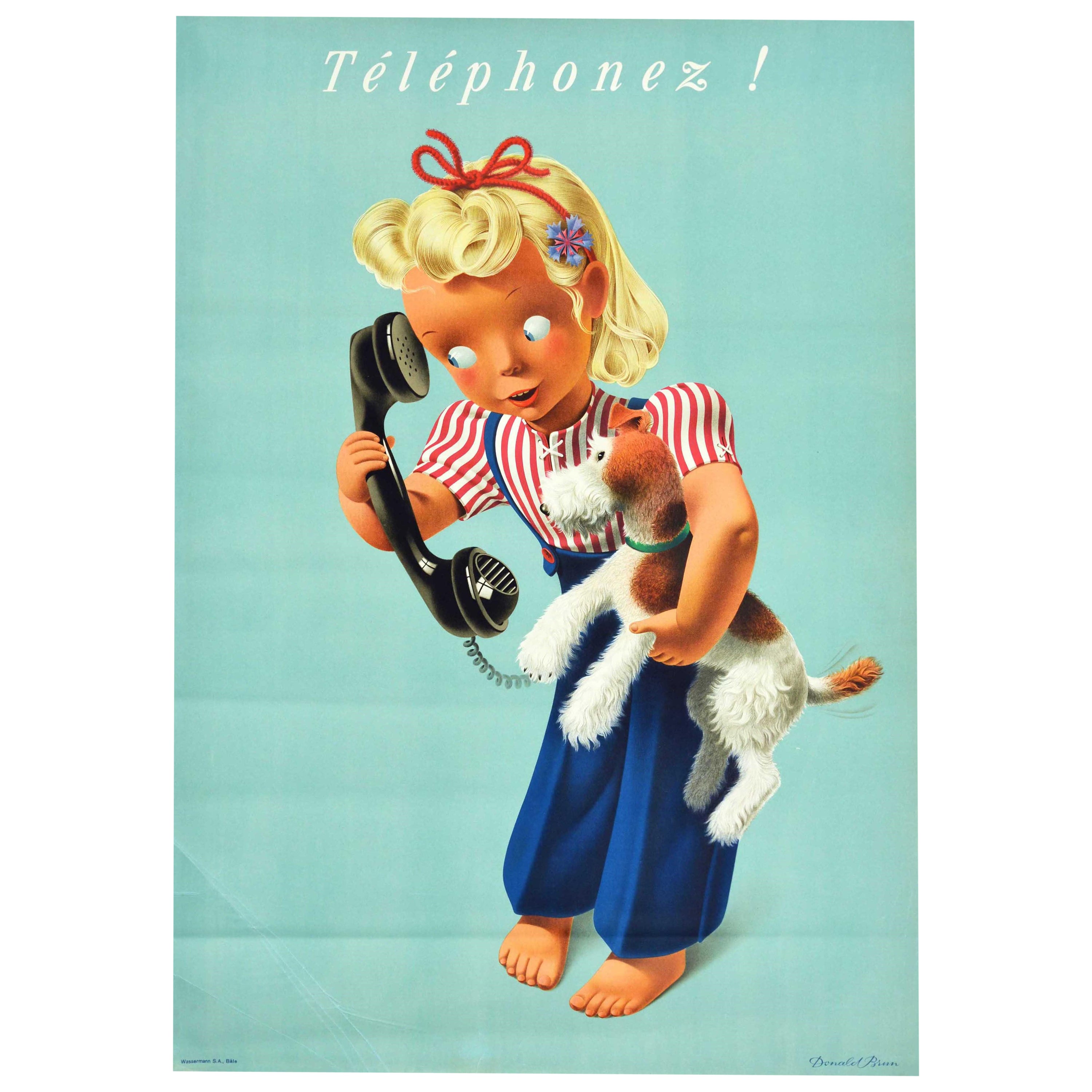 Original Vintage Poster Telephonez! Swiss Telecom Girl And Dog Advertising Art For Sale