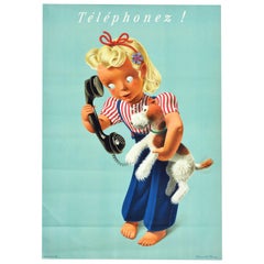 Original Vintage Poster Telephonez! Swiss Telecom Girl And Dog Advertising Art