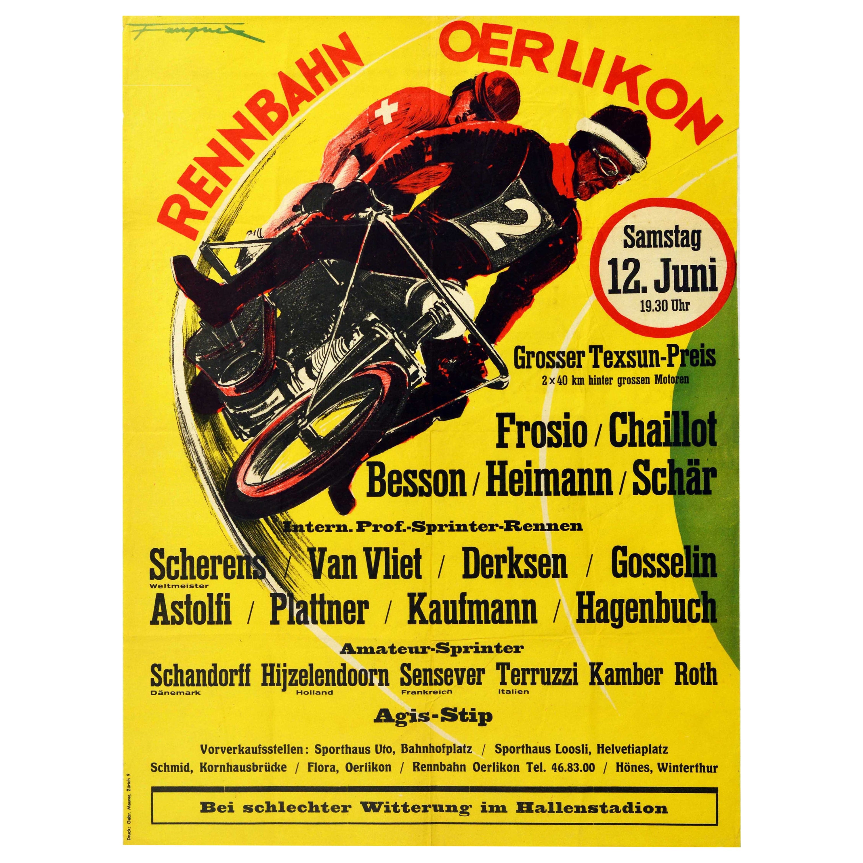 Original Vintage Auto Racing Poster Oerlikon Racecourse Motorcycle Sport Event For Sale