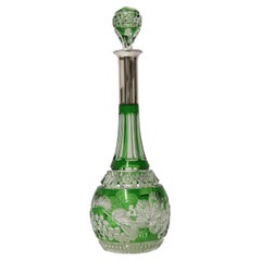 Carafe à alcool de Bohème en verre taillé et en argent, Circa 1930