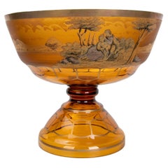 1980s German Glass Fruit Bowl in Orange Tones with Romantic Scenes