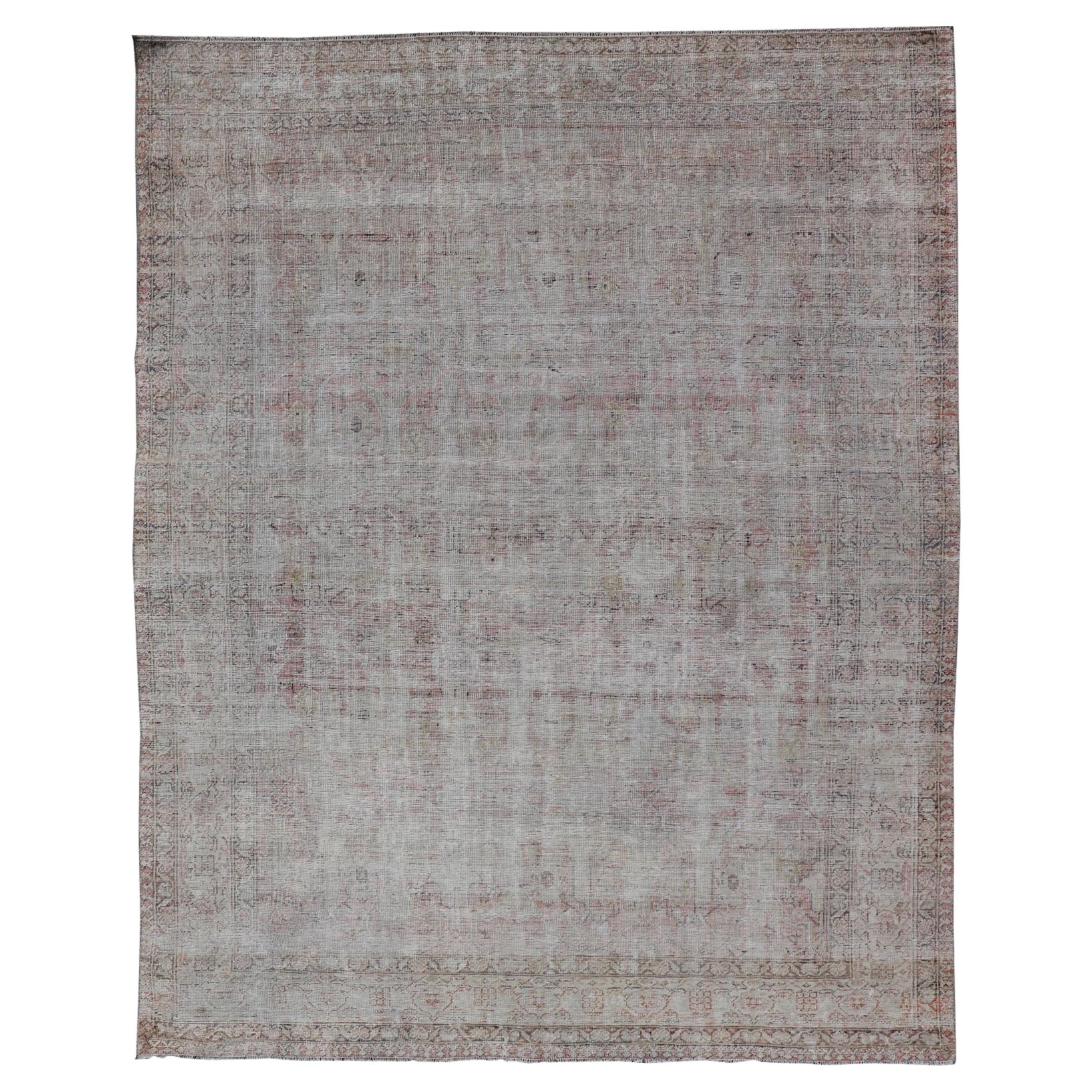 Distressed Antique Hand-Knotted Persian Mahal Rug in Wool in Neutral Tones For Sale