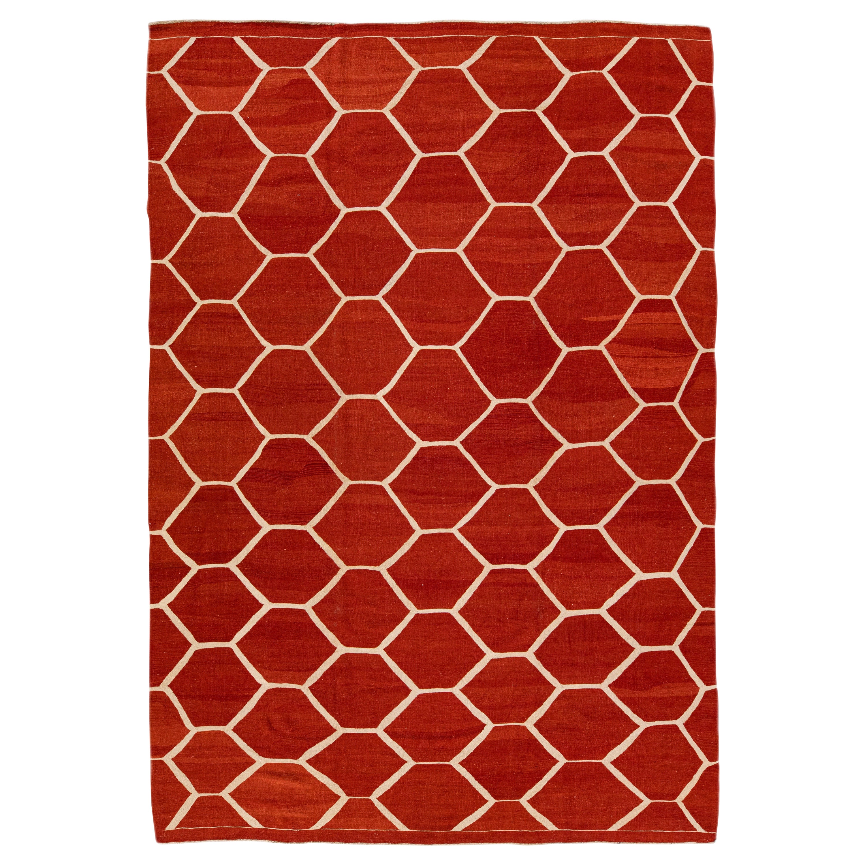 Modern Turkish Kilim Flatweave Geometric Pattern Orange Rust Wool Rug For Sale