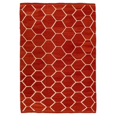 Modern Turkish Kilim Flatweave Geometric Pattern Orange Rust Wool Rug