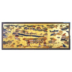 Paysage japonais de Kyoto, sérigraphie peinte sur feuille d'or