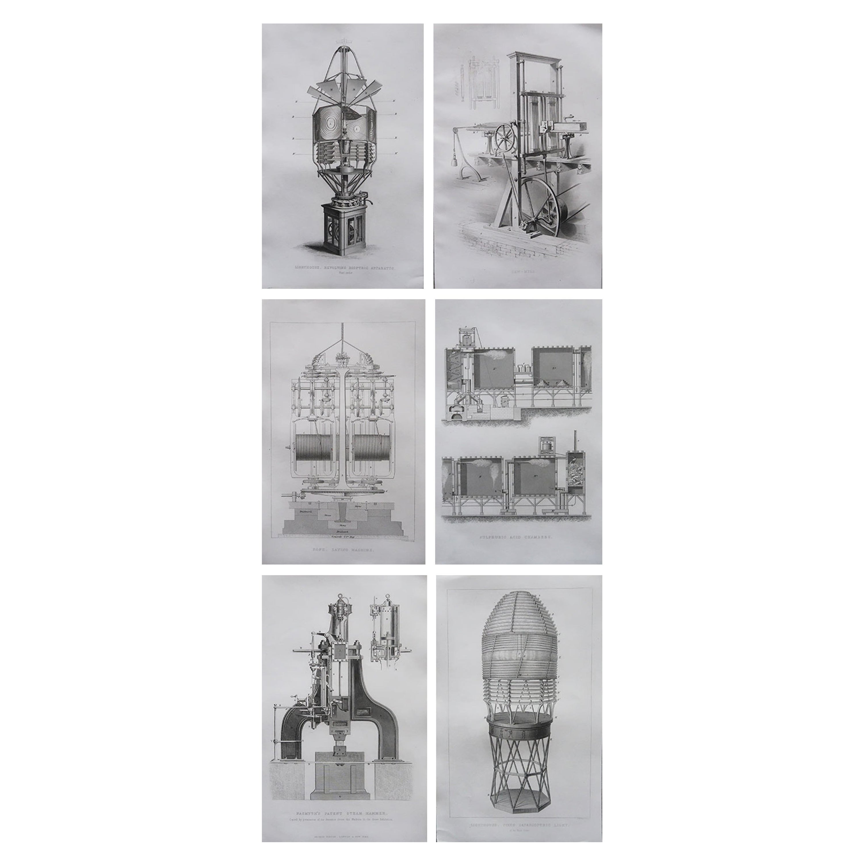 Ensemble de 6 estampes techniques originales anciennes, moteurs/matériaux, vers 1850