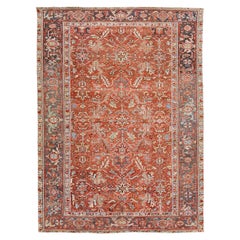 Antique Persian Heriz Handmade Allover Floral Orange Wool Rug