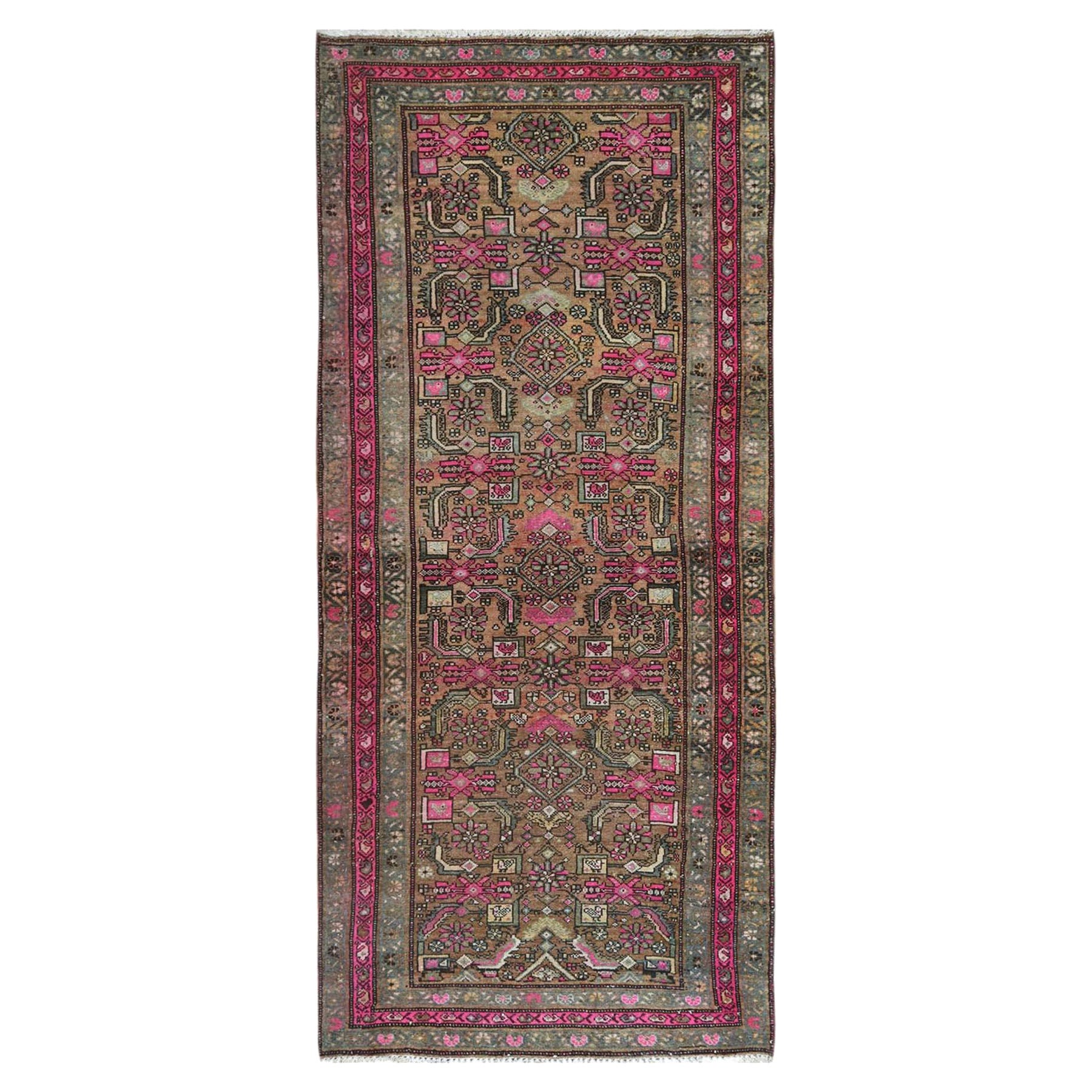 Hot Pink Vintage Persian Herati Fish Design Serab, Worn Wool Hand Knotted Rug For Sale