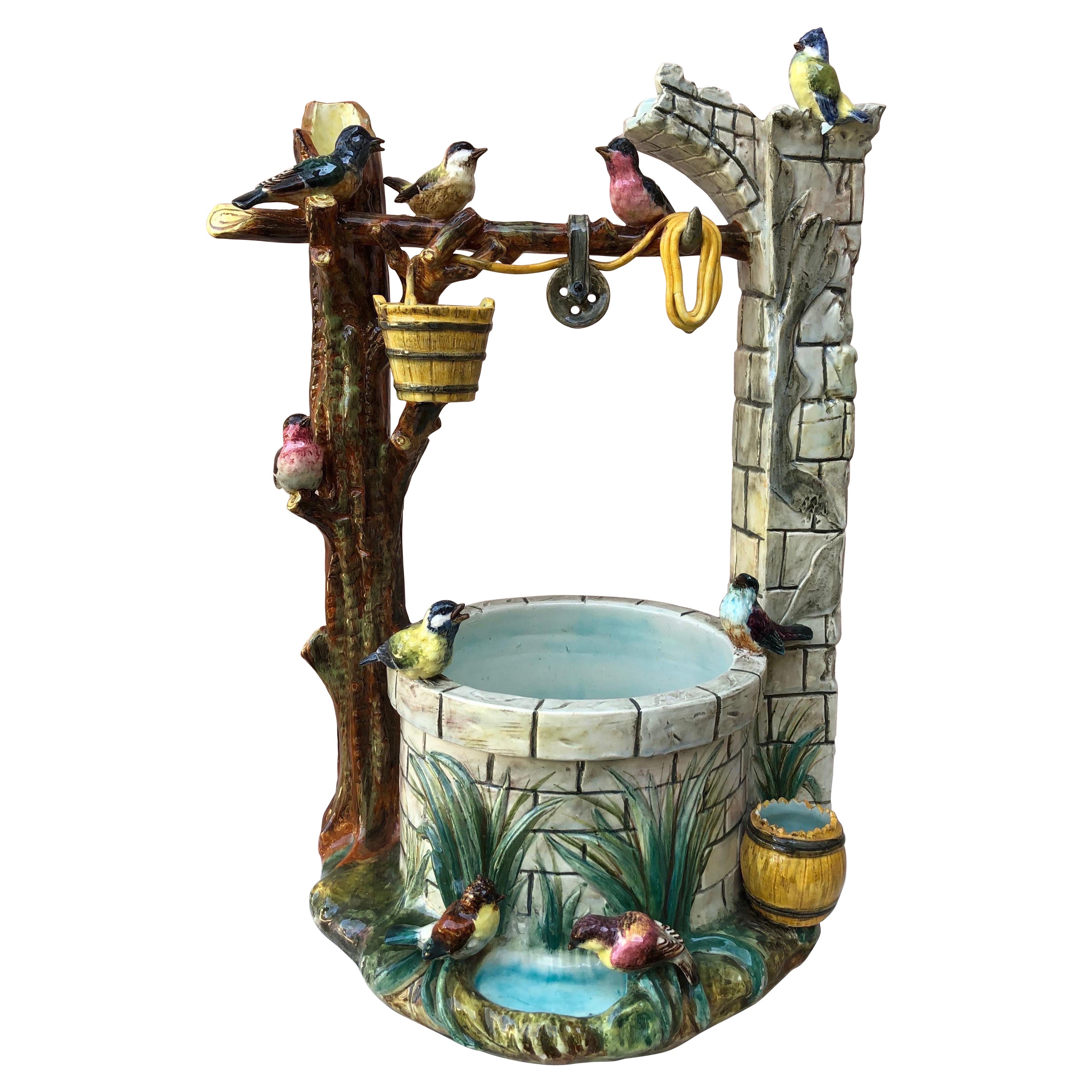 Large Majolica Well with Birds Jerome Massier Fils, Circa 1910 For Sale