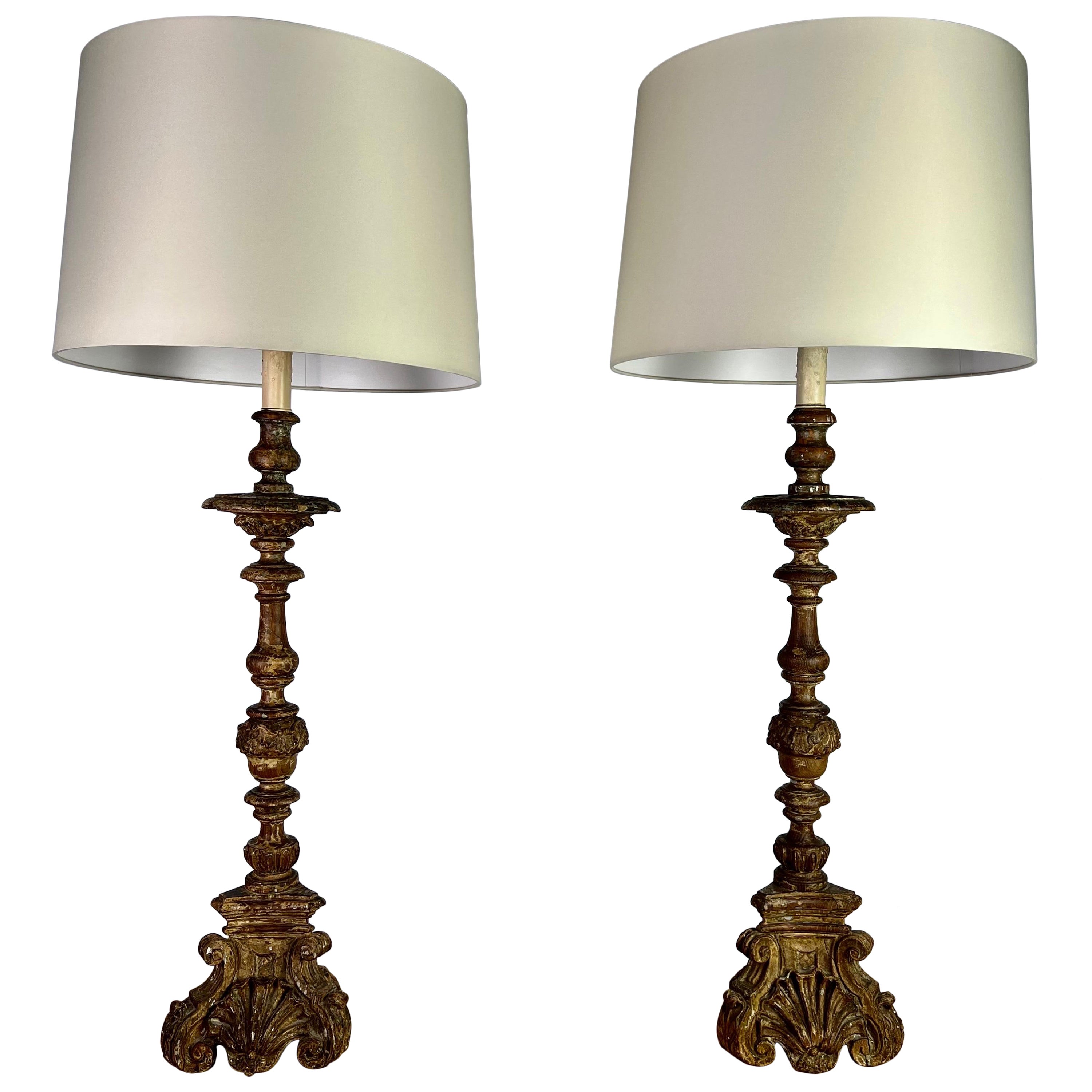 Pair of 19th C. Italian Candlestick Lamps W/ Shades