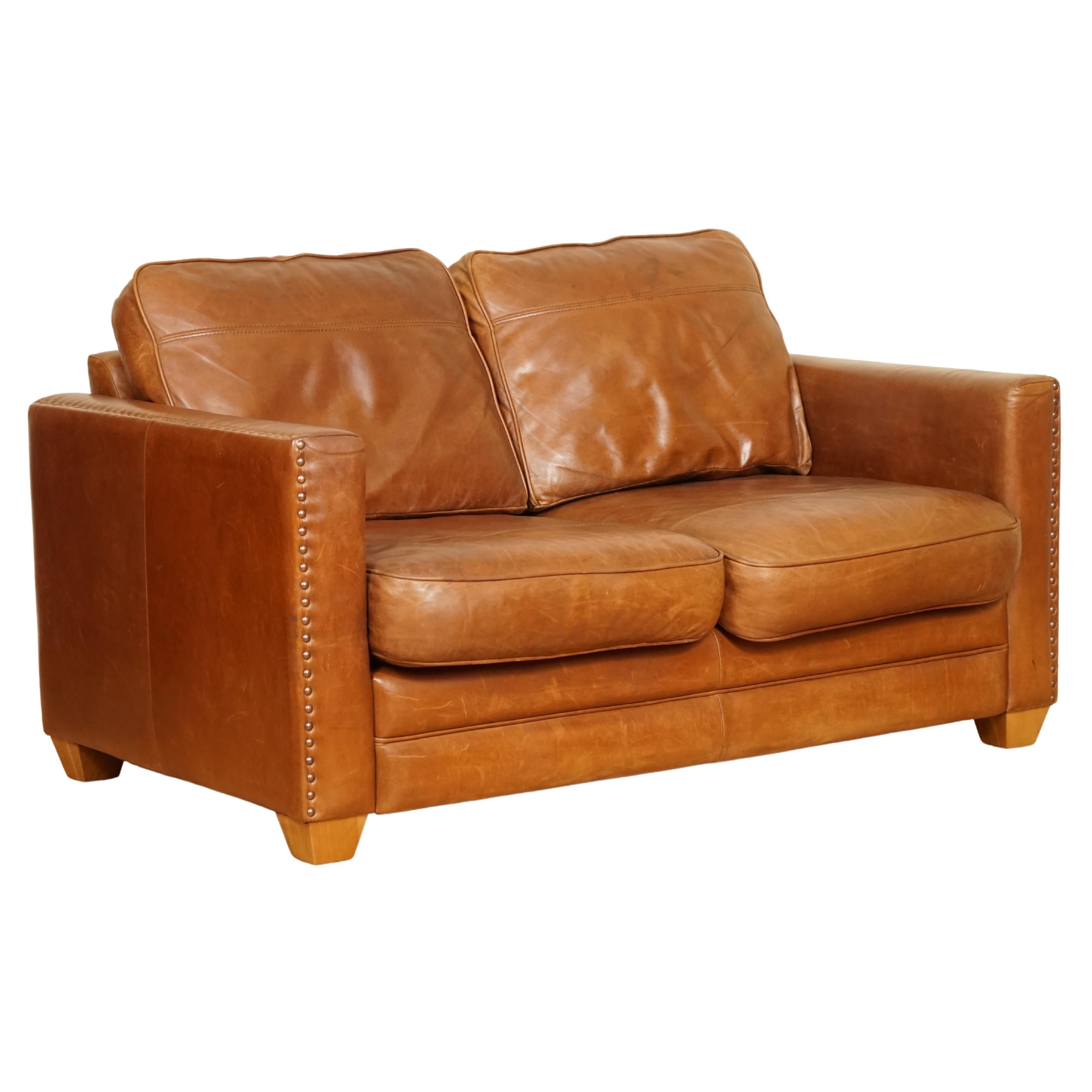 Vintage Compact Brown Leather Sofa Studded Arms Velcro Bottom