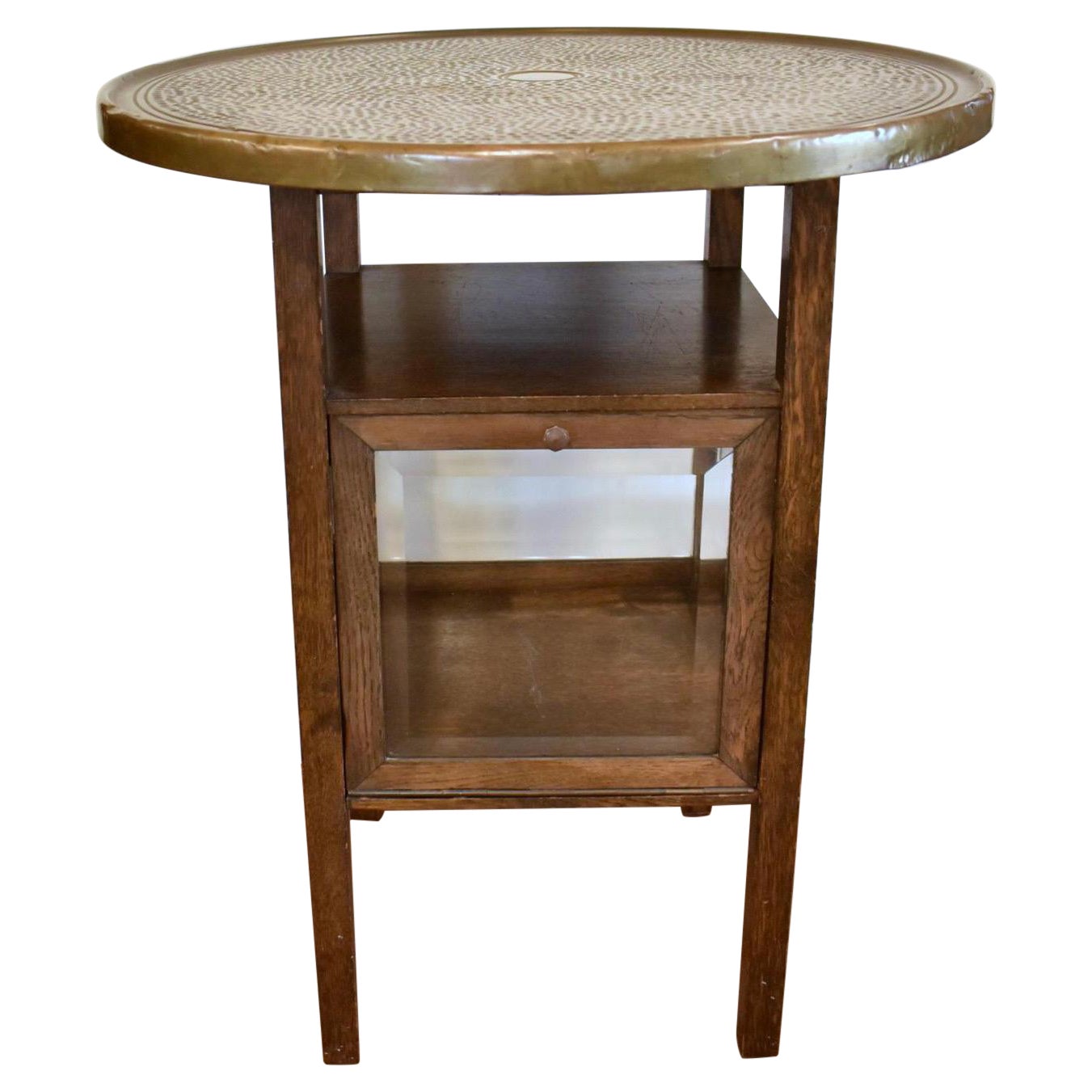 Antique Arts & Crafts Brass Top Table with Display Cabinet Compartment For Sale