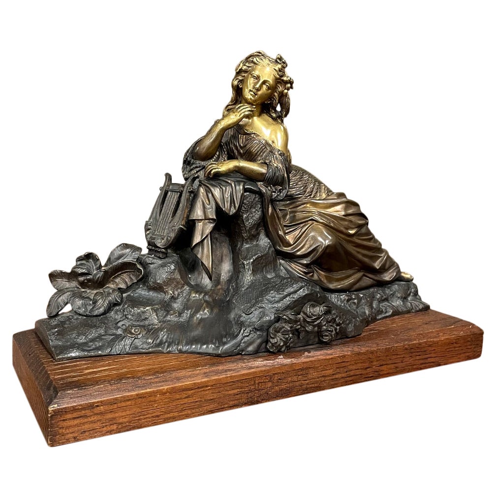 19th Century French Bronze Statue of Maiden with Lyre For Sale