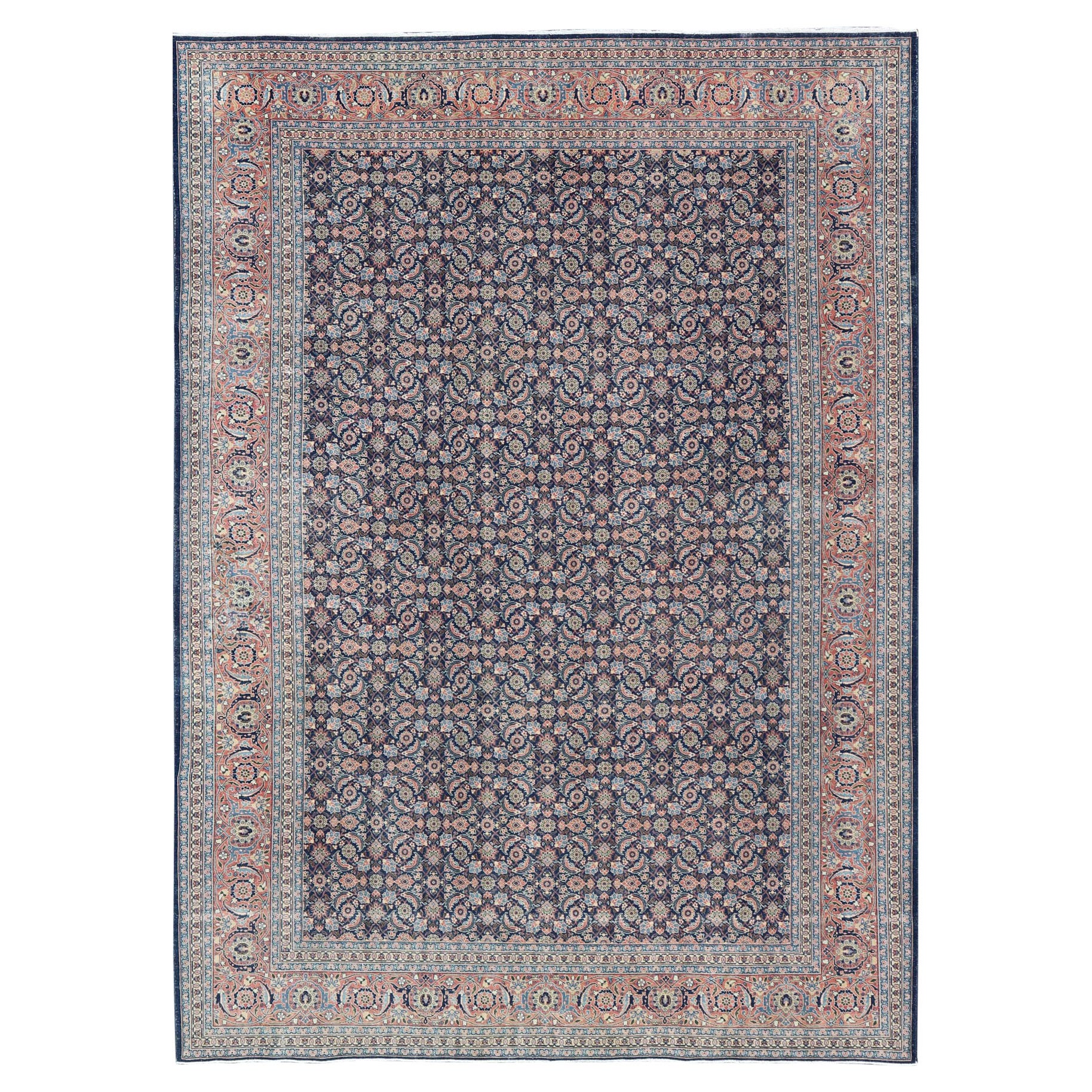 Antique Persian Tabriz with Sub-Geometric Herati Design in Blue Background For Sale