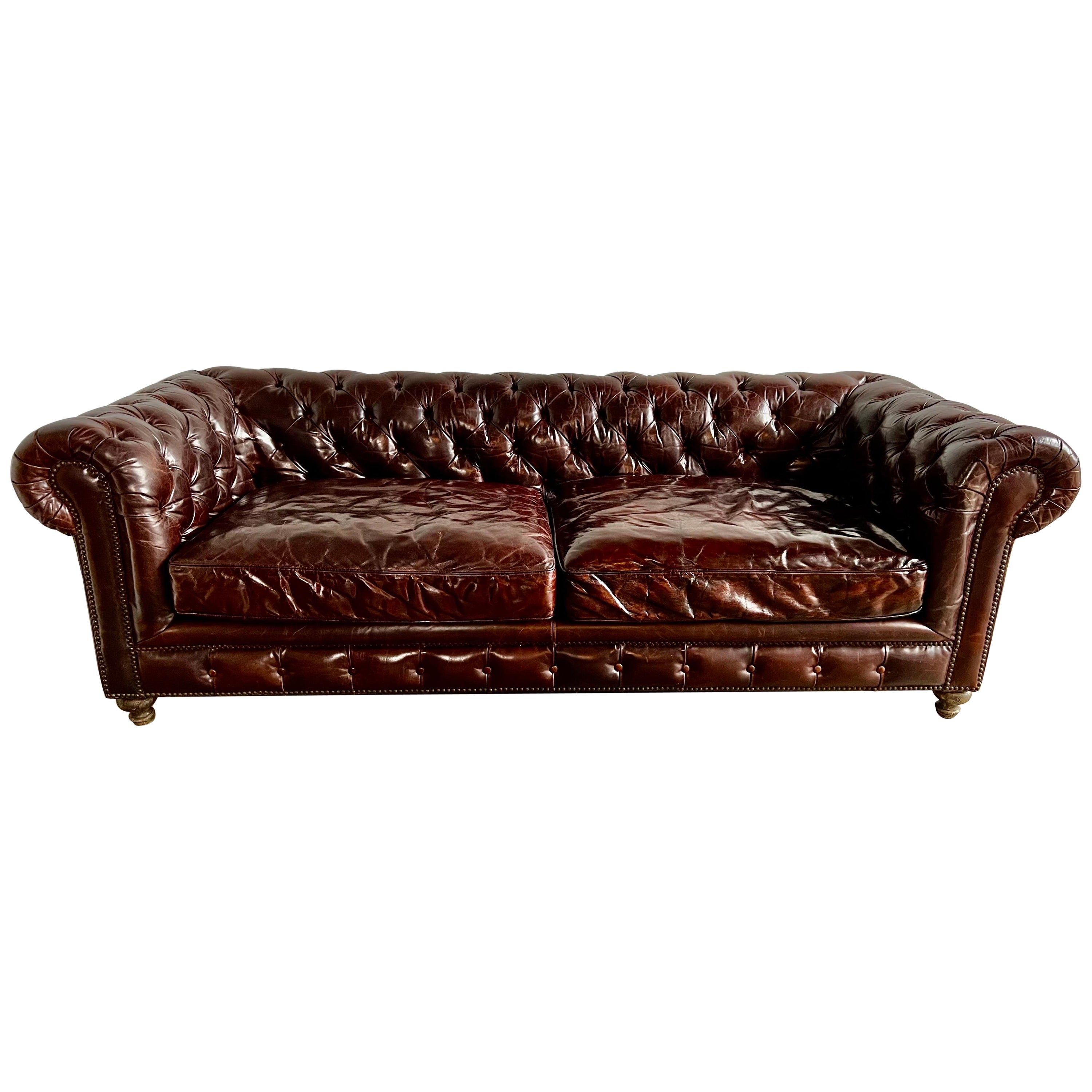 Mid-Century Leather Tufted Sofa w/ Loose Cushions For Sale