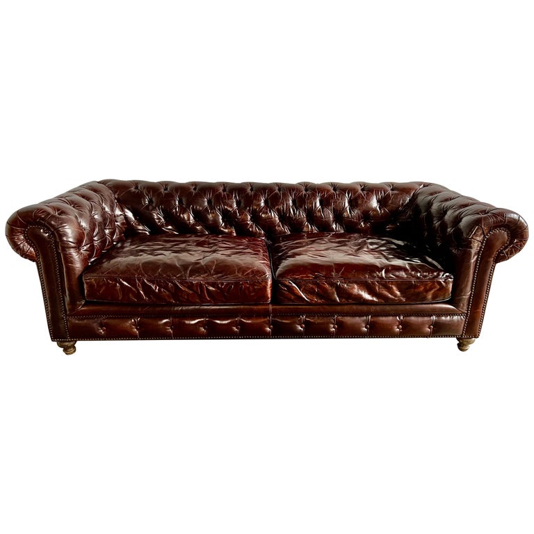 MidCentury Leather Tufted Sofa w/ Loose Cushions For Sale at 1stDibs