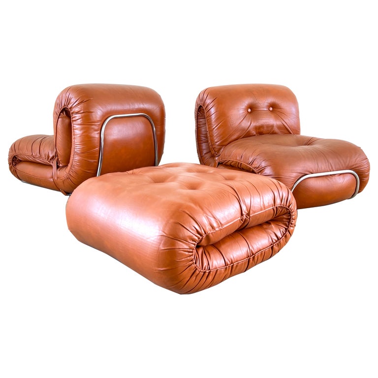 1970's Italian Leather Lounge Chairs & Ottoman For Sale
