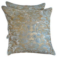 Pair of Aqua and Gold Fortuny Pillows w/ Linen Backs