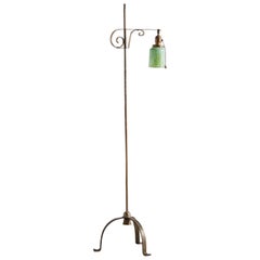 Vintage Iron Floor Lamp with Green Glass Lampshade, 1930s