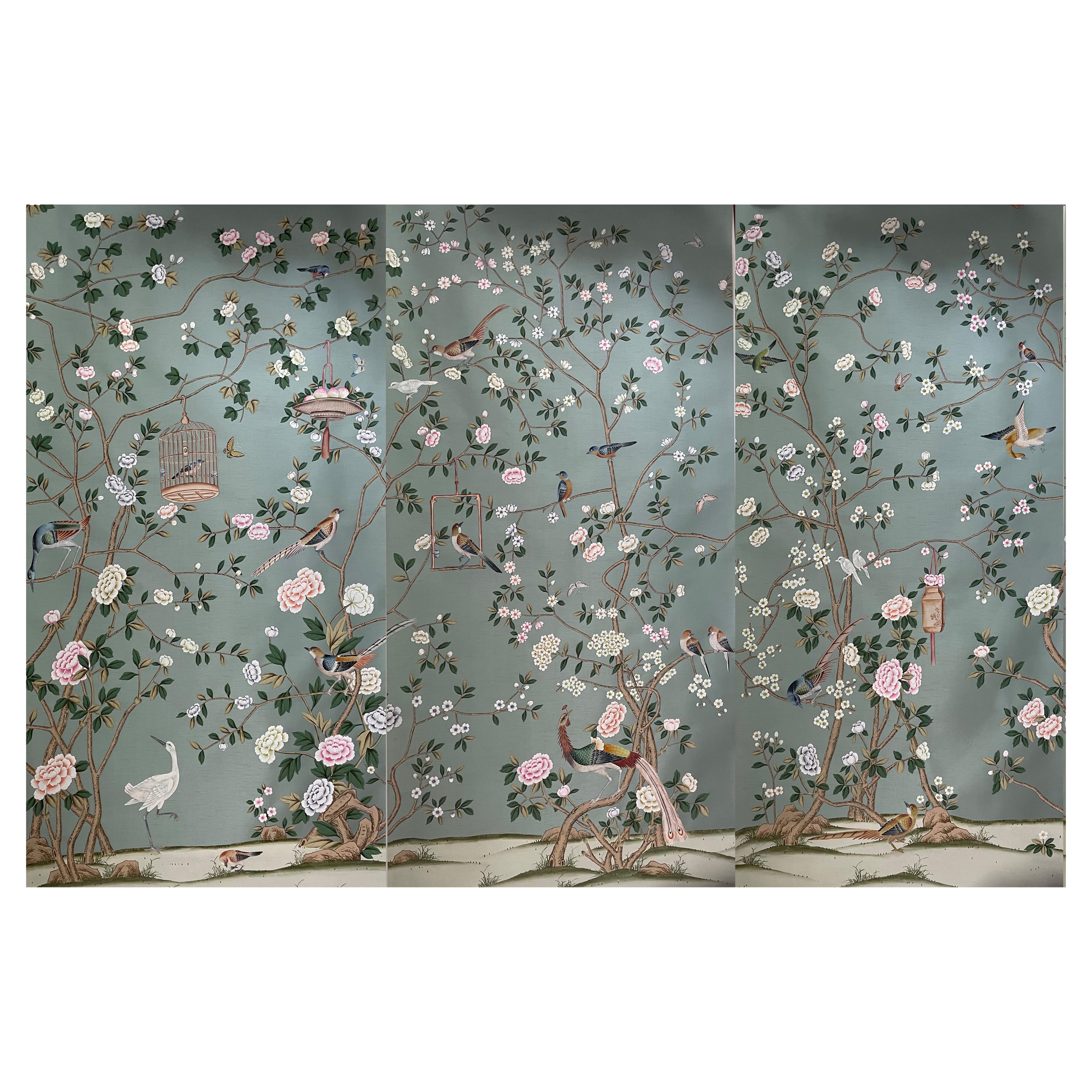 Chinoiserie Wallpaper Hand Painted Wallpaper on Green Silk-Accept Custom Size For Sale