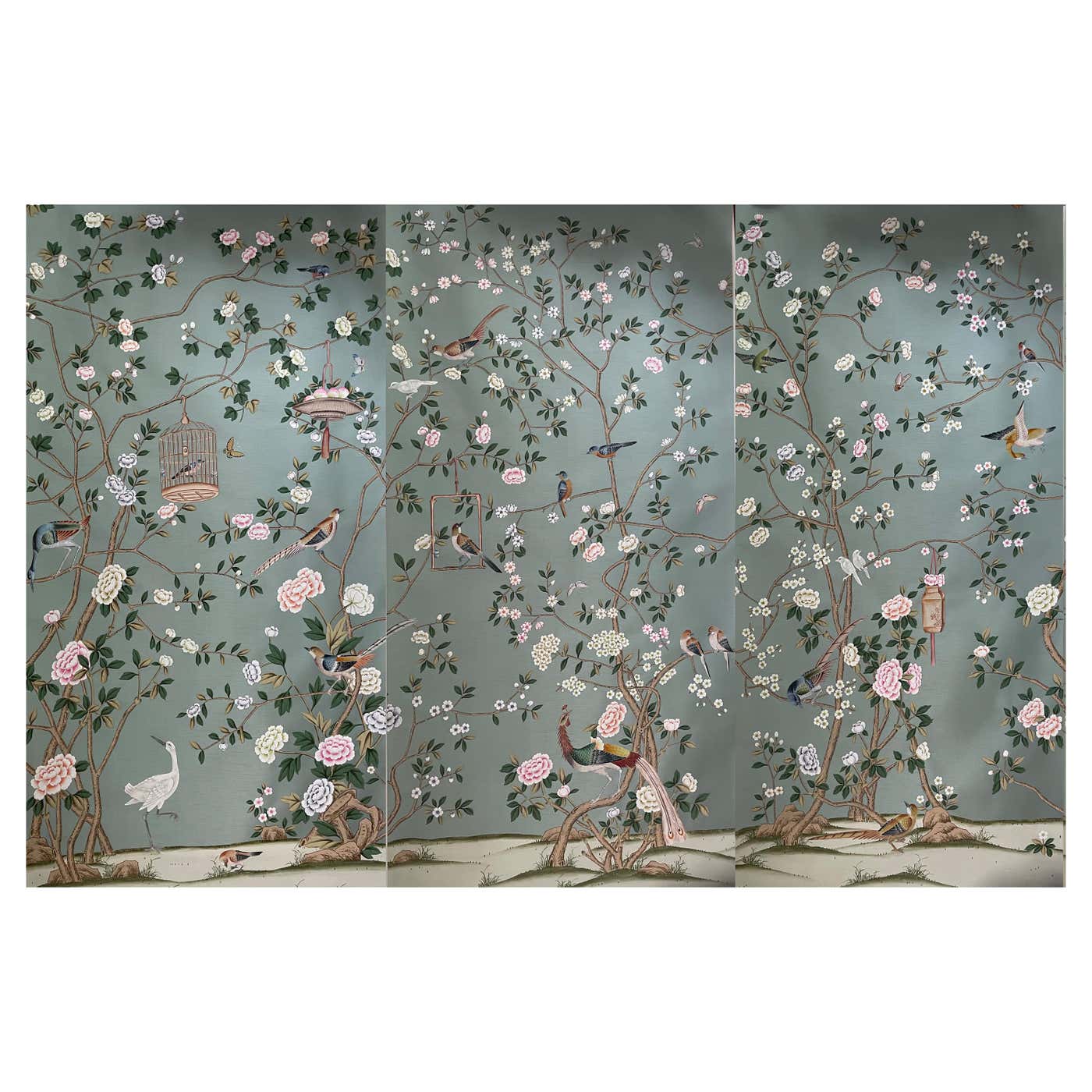 Chinoiserie Wallpaper Hand Painted Wallpaper on Green Silk-Accept ...