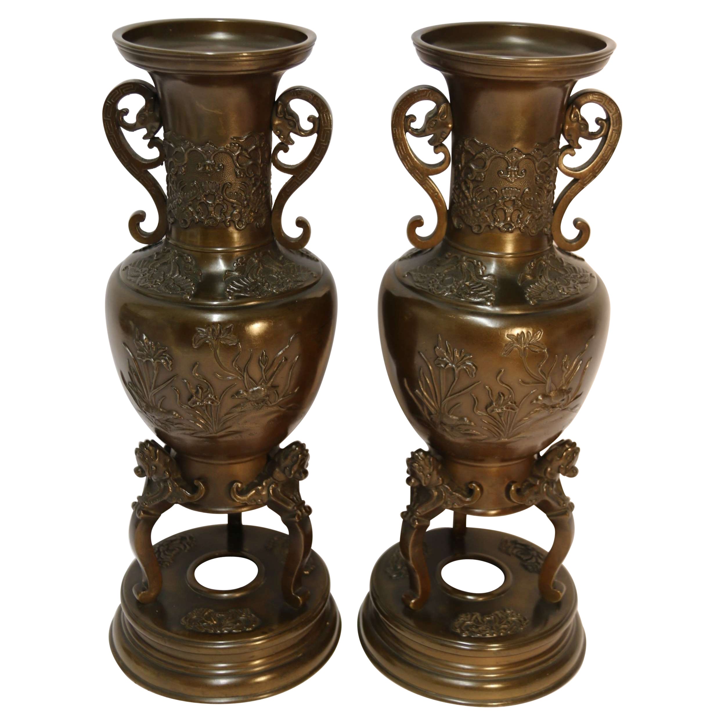 Pair of Meiji Period Japanese Bronze Vases with Mask Head Handles, circa 1900 For Sale