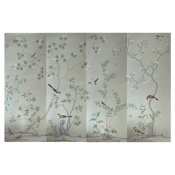 Chinoiserie Mural Hand Painted Wallpaper on Blue Gray Silk - Accept ...