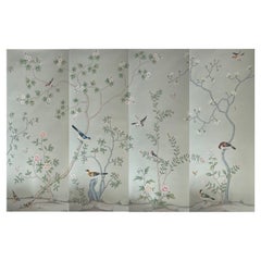 Chinoiserie Mural Hand Painted Wallpaper on Blue Gray Silk - Accept Custom Size