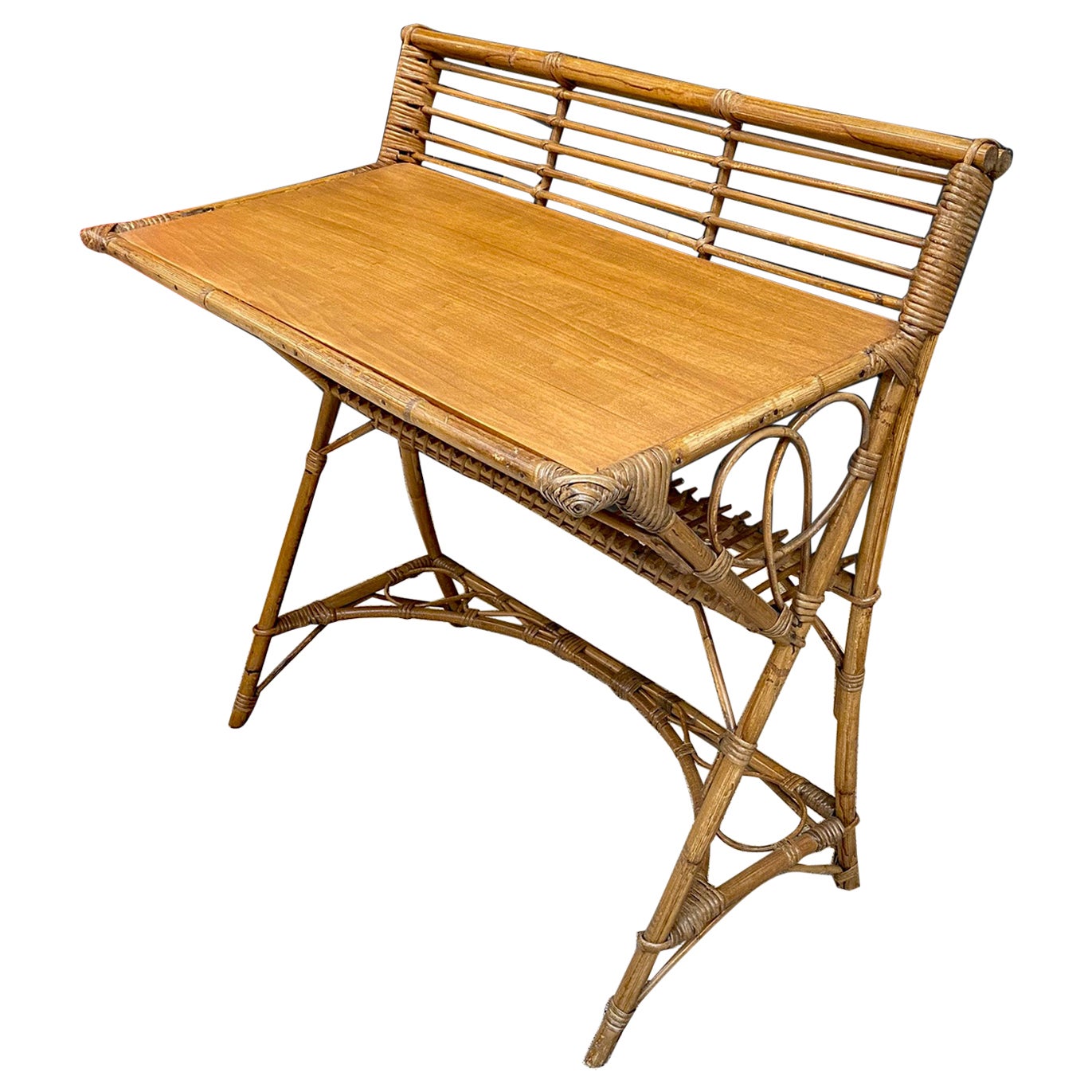 Charming Little Desk or Console in Bamboo and Wood in the Style of Louis Sognot 
