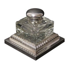 Vintage Large Silver Plated and Cut Glass Desk Inkwell, circa 1910