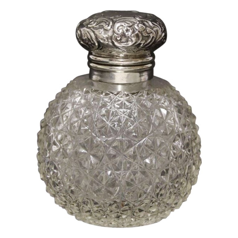 Victorian silver top and cut glass perfume bottle, Birmingham 1897 - 8 For Sale